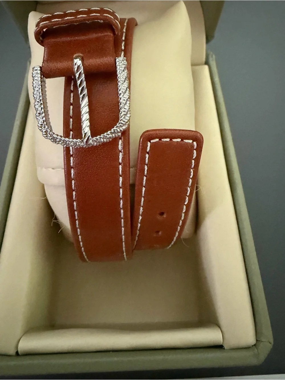 Judith Ripka Brown Leather Double-Wrap Watch with Silver Rope Bezel, NEW in box